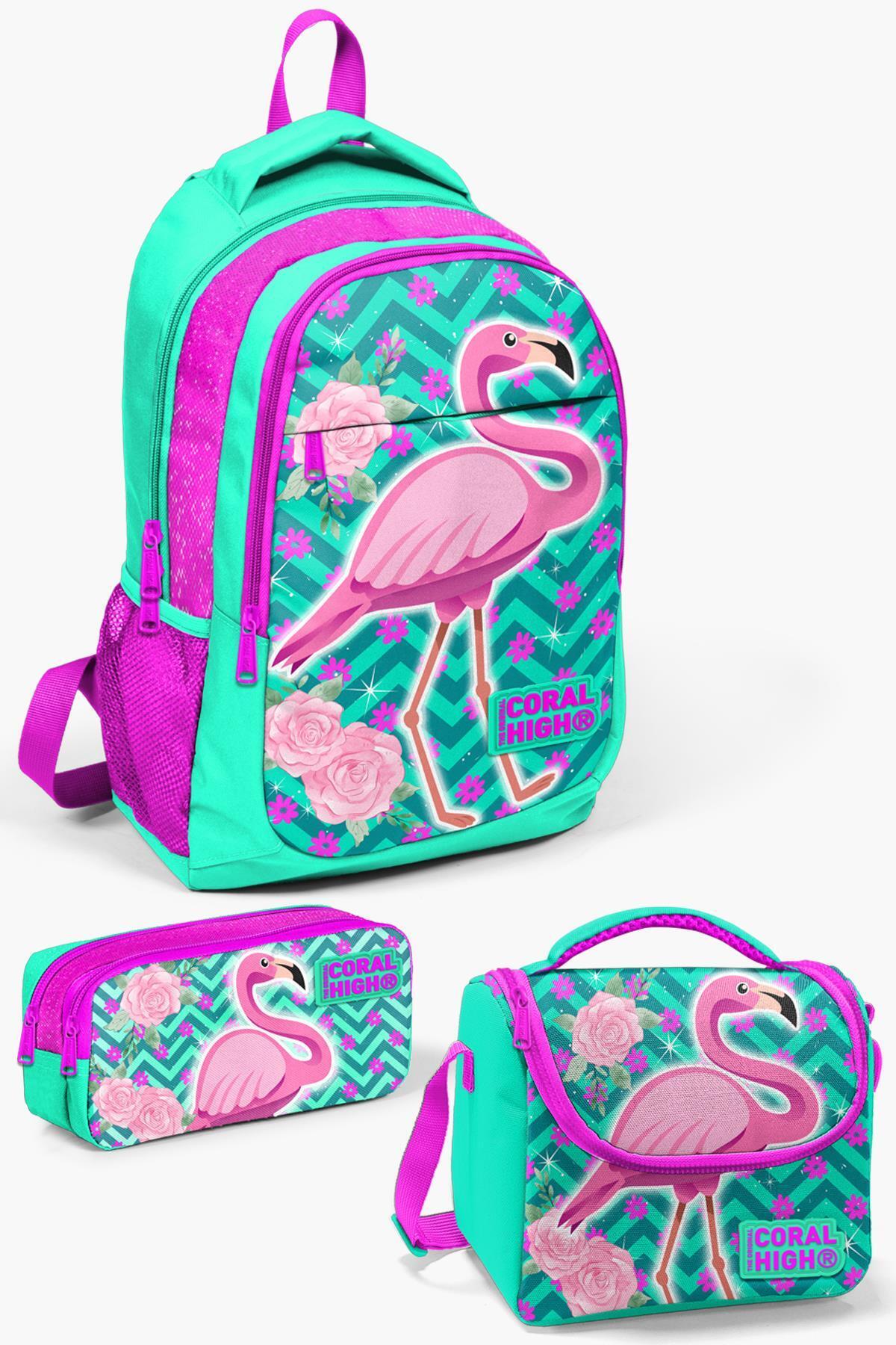 Kids Water Green Pink Glitter Flamingo 3-Piece School Bag Set SET0114382