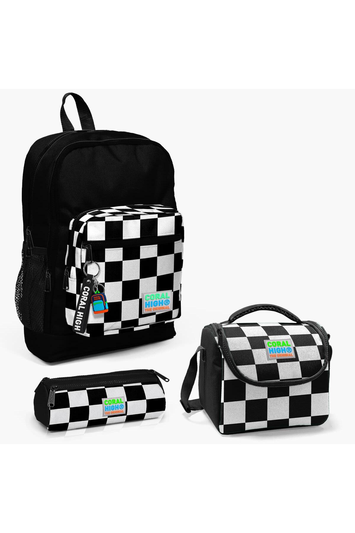 Kids Black Checkers Pattern 3-Piece School Bag Set SET0123714
