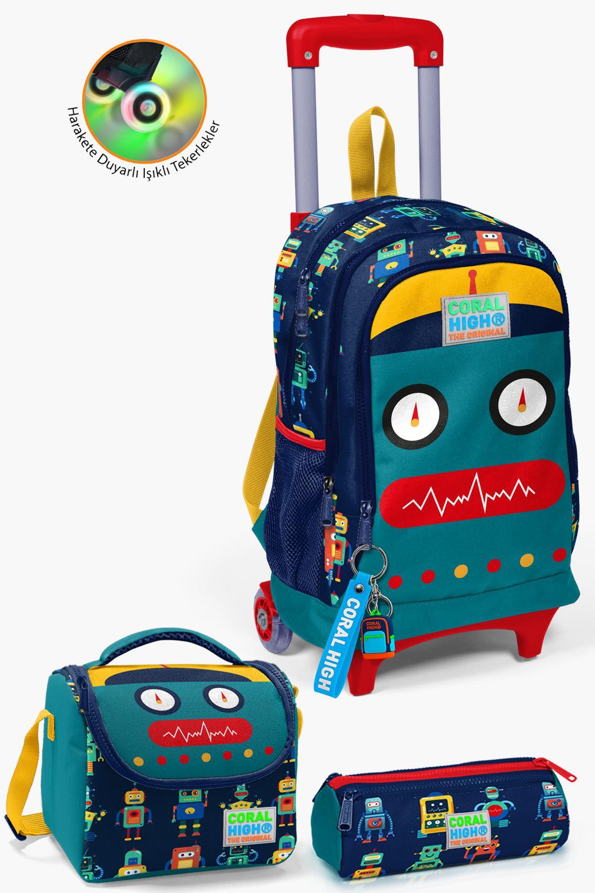 Kids Navy Blue Navy Blue Robot Patterned Rickshaw 3-Piece Bag Set SET0123380