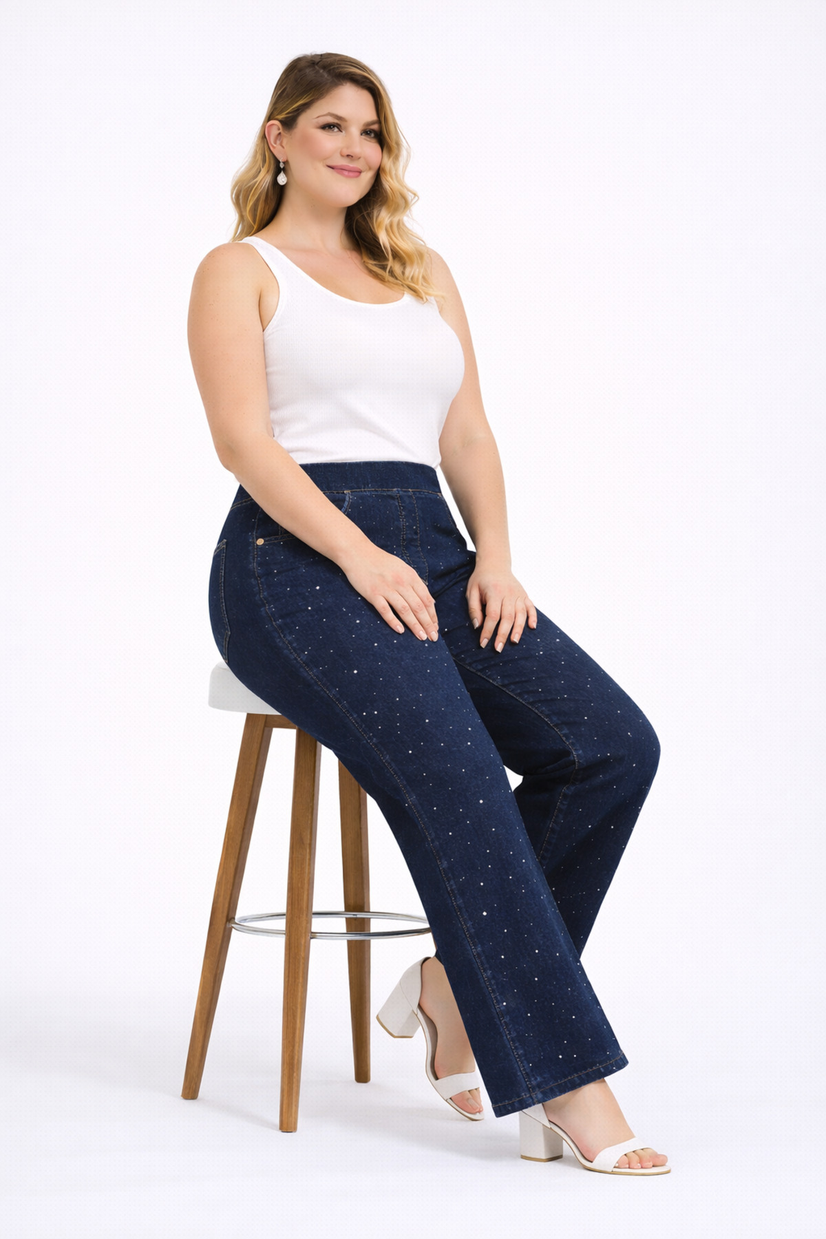 Şans  Kadın Büyük Beden Lacivert, Yüksek Bel,Bel Lastikli Süs Cep Taş İşli Palazzo Kot Pantolon 65N39308 - Görsel 3