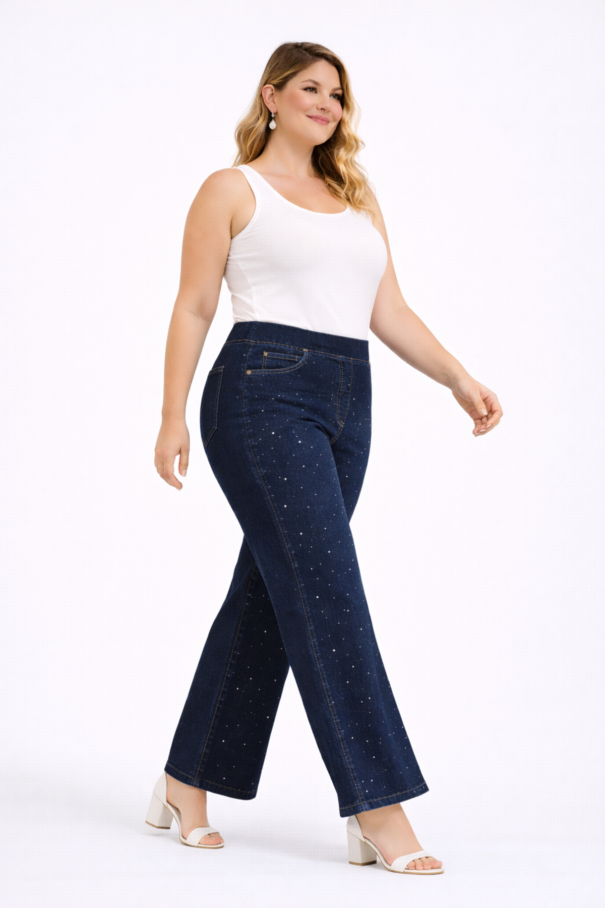 Şans  Kadın Büyük Beden Lacivert, Yüksek Bel,Bel Lastikli Süs Cep Taş İşli Palazzo Kot Pantolon 65N39308 - Görsel 6