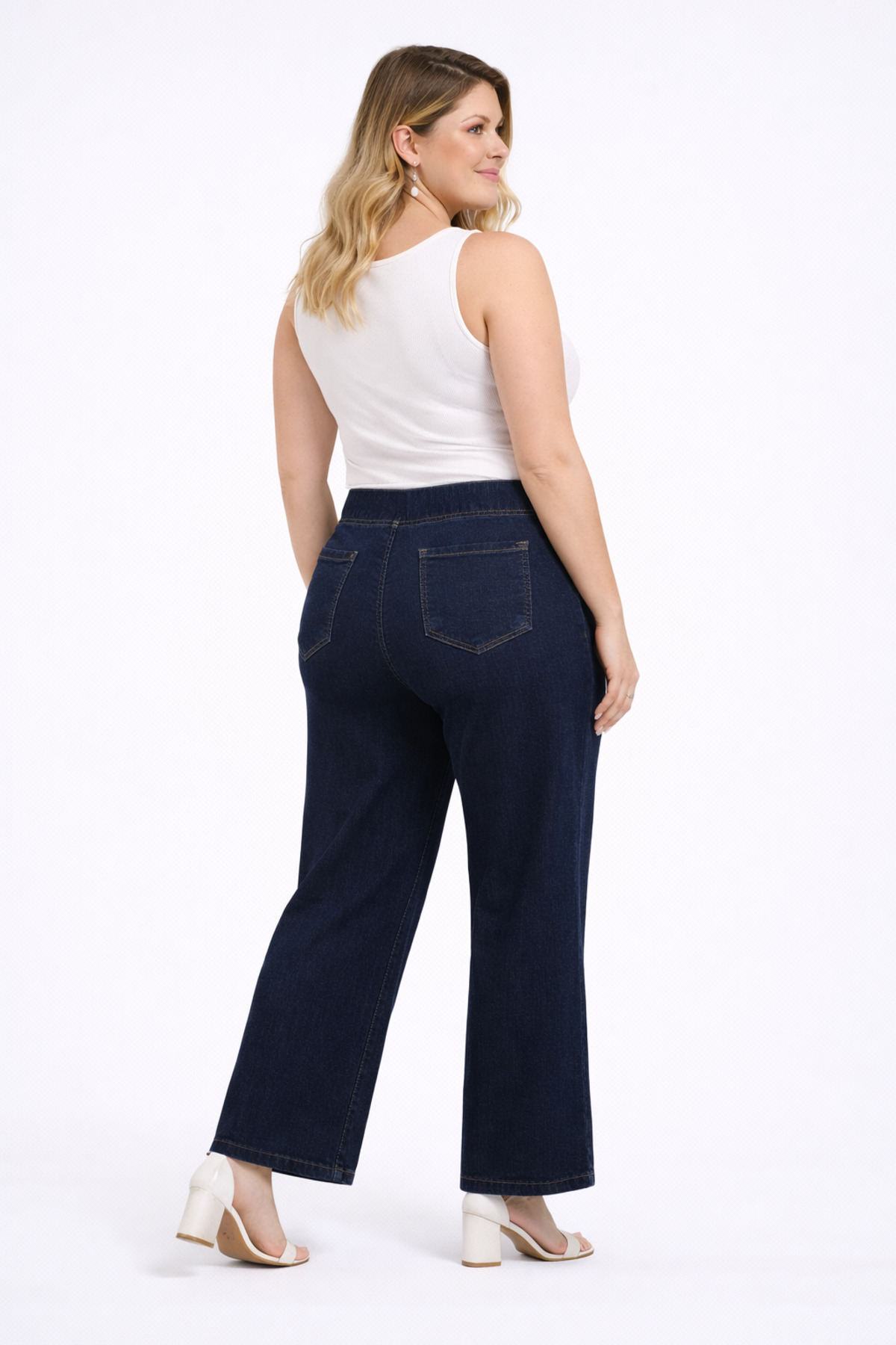 Şans  Kadın Büyük Beden Lacivert, Yüksek Bel,Bel Lastikli Süs Cep Taş İşli Palazzo Kot Pantolon 65N39308 - Görsel 5