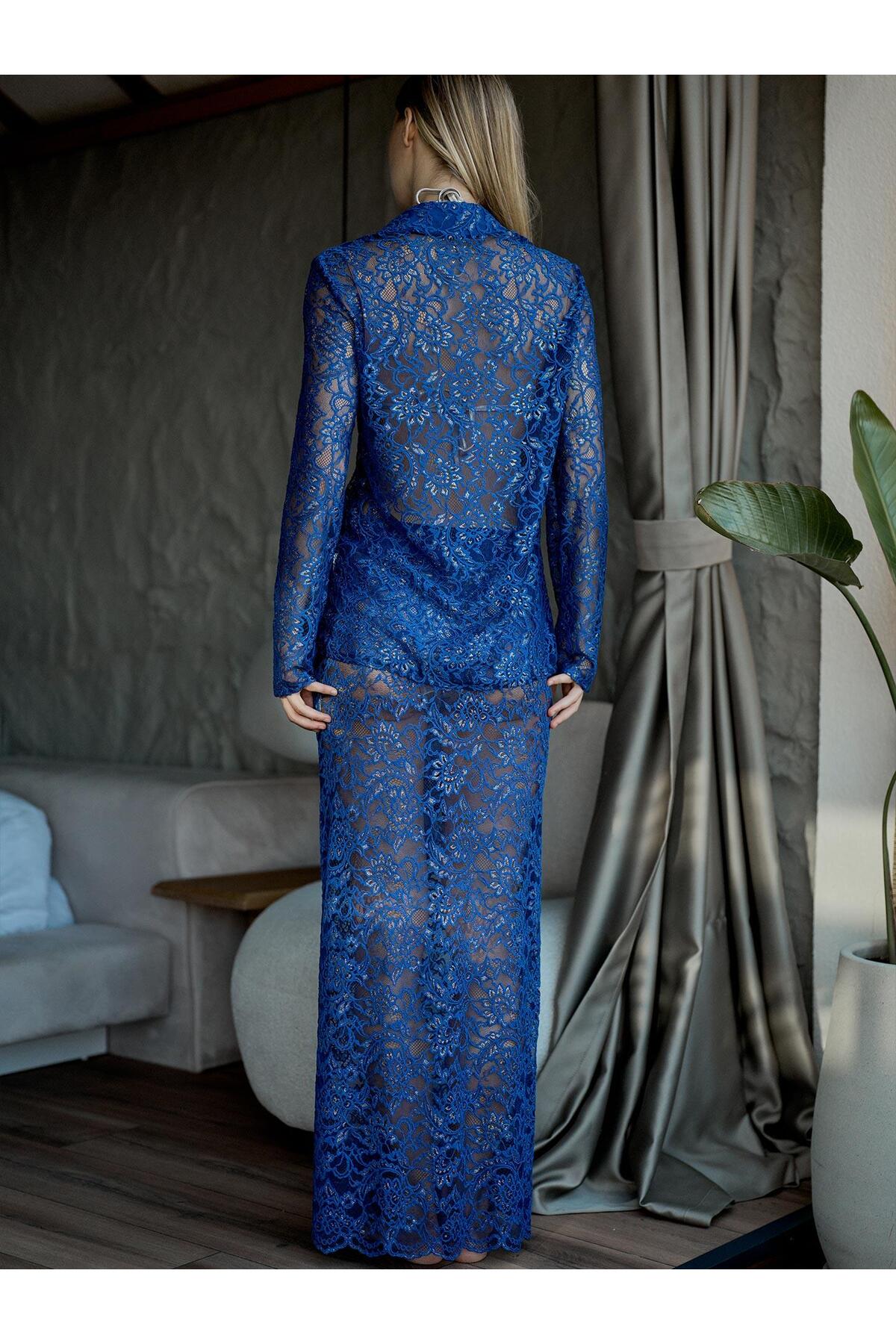 Juste  Varaklı Dantel Gömlek Saks - Görsel 8