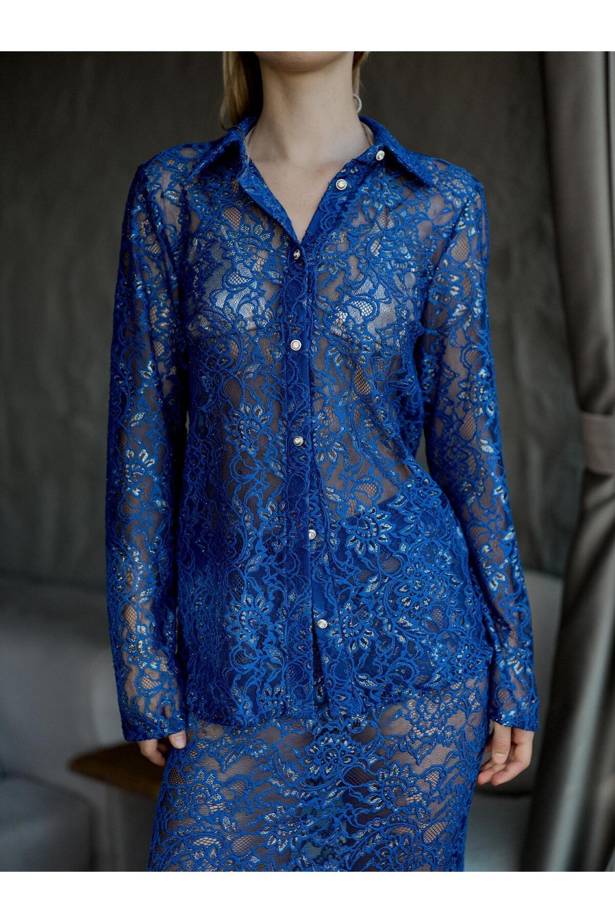 Juste  Varaklı Dantel Gömlek Saks - Görsel 7