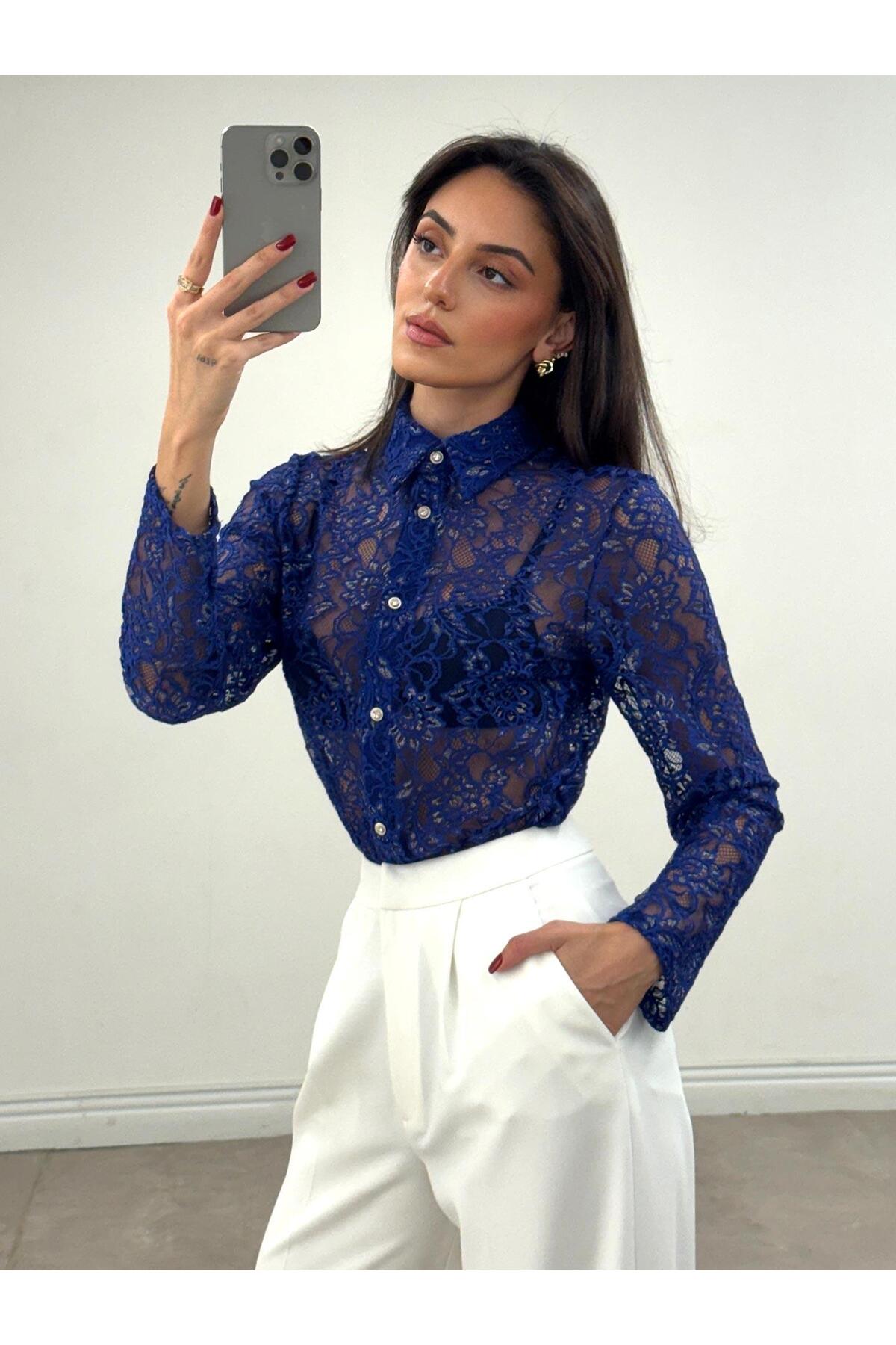 Juste  Varaklı Dantel Gömlek Saks - Görsel 4