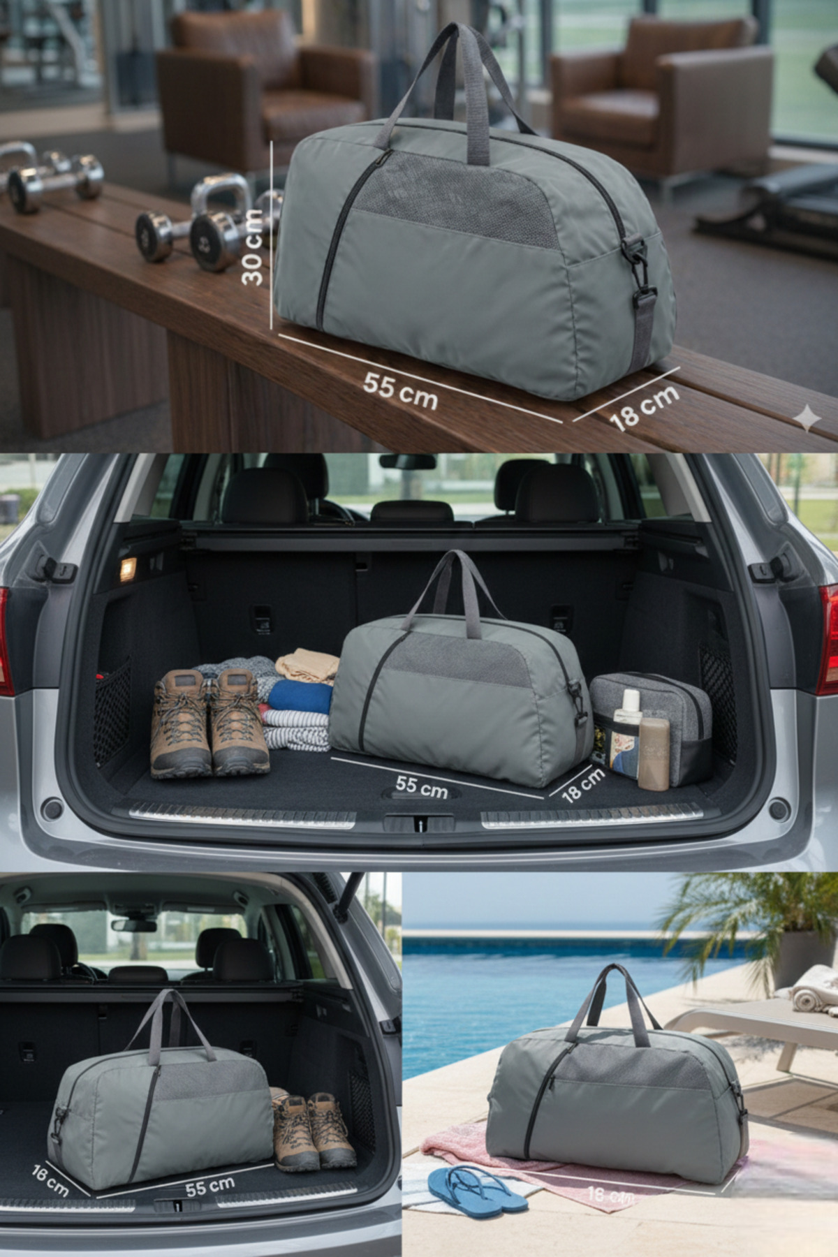 MUCCO  Kaff Büyük Gri Önü Cepli Ayarlanabilir Omuz Askılı El Seyahat Spor Çantası-0831 - Görsel 2