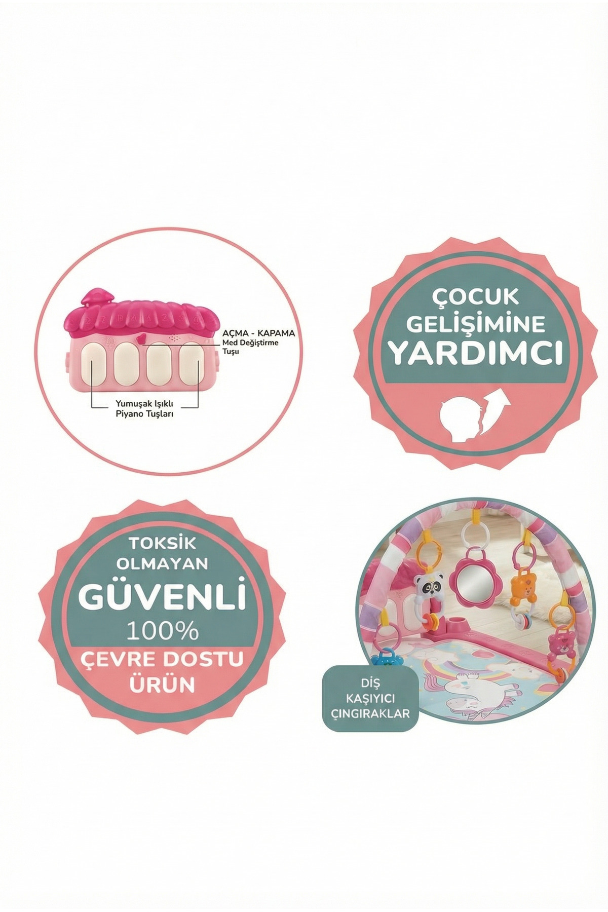 PAPAYA Oyun Halısı Aynalı Çıngıraklı Işıklı Müzikli Pembe Unicorn Çocuk Gelişimine Yardımcı Bebek Halısı fotoğrafı 6 (önizleme)
