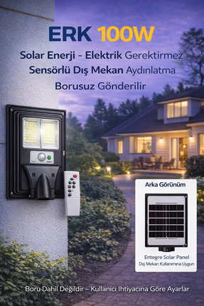 ERKLED LED 100 Watt Solar Led Projektör Beyaz Işık Sokak Aydınlatma Uzaktan K...