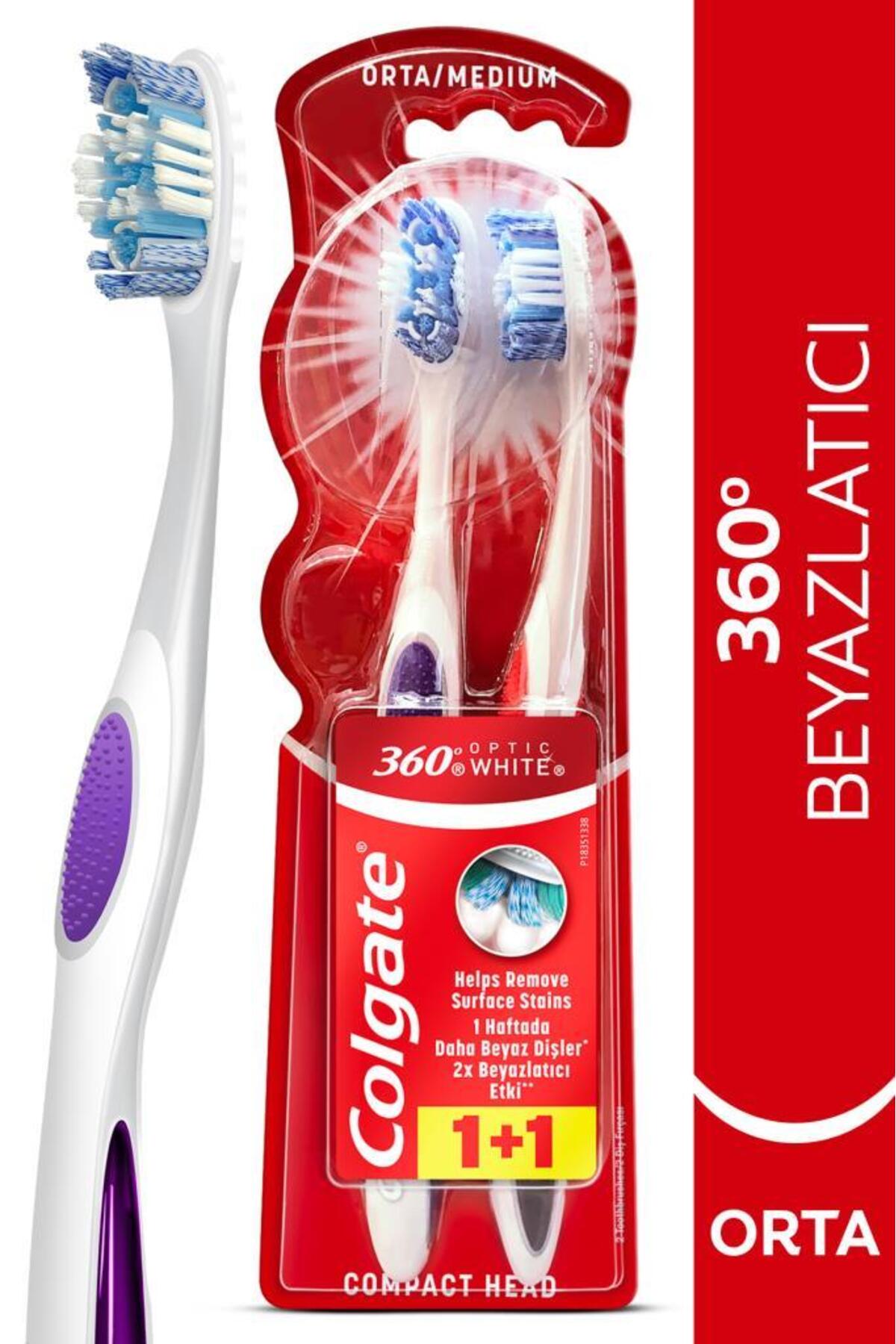 Colgate 360 Optik Beyaz Dil ve Yanak Temizleyicili Orta Beyazlatıcı Diş Fırçası 1+1 - Fiyatı, Yorumları