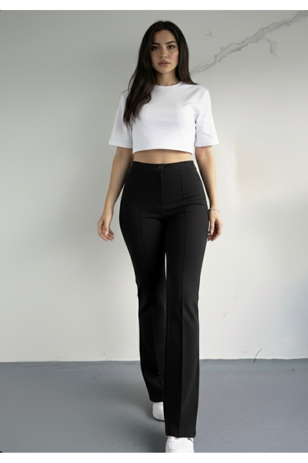 glanour  Kadın Siyah Yüksek Bel Toparlayıcı İspanyol Paça Çımalı Palazzo Pantolon - Görsel 4