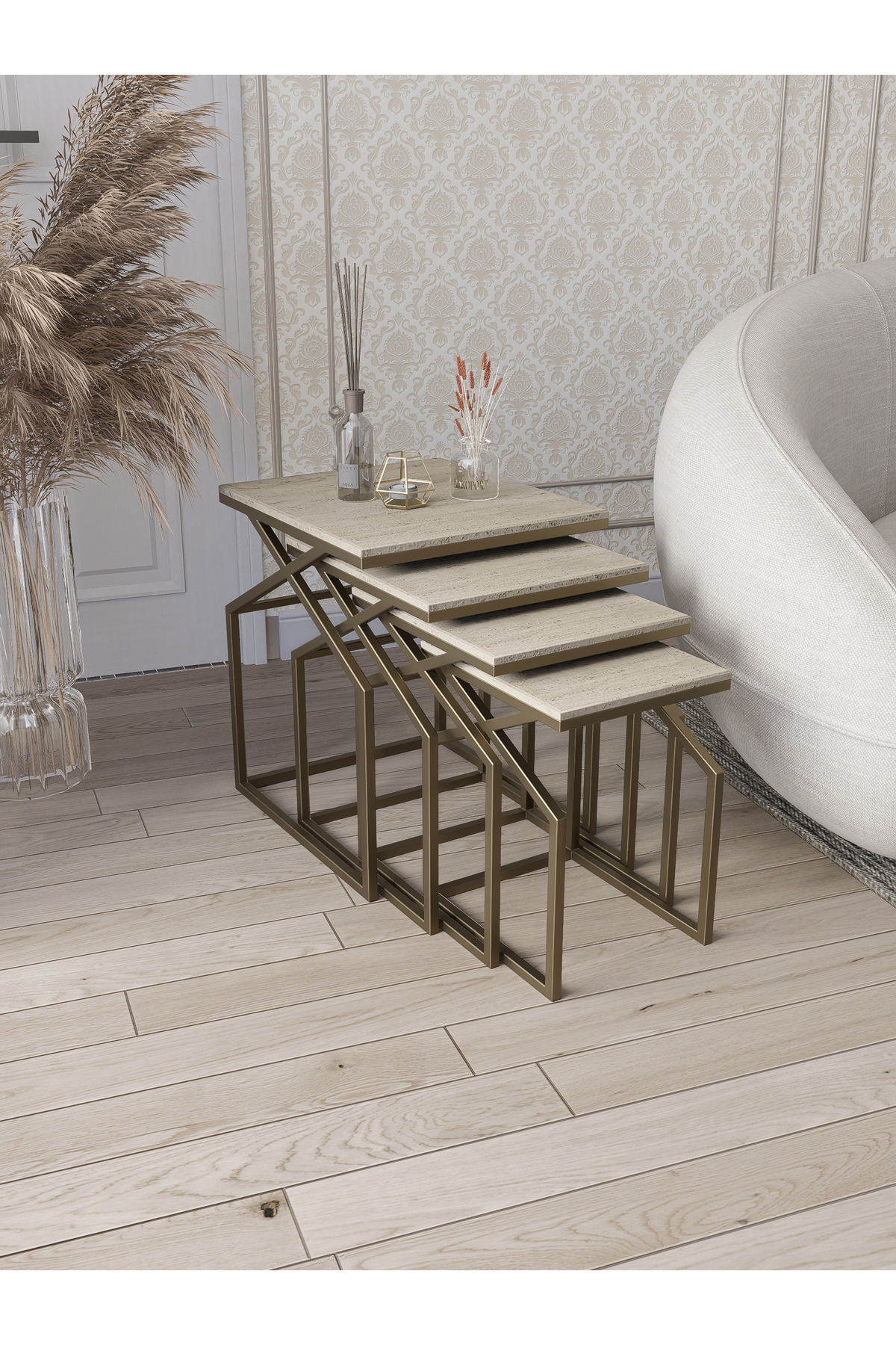 Civilized Zigon Coffee Table Side Table Metal Coffee Table Travertine Pattern MDF Membrane Coating