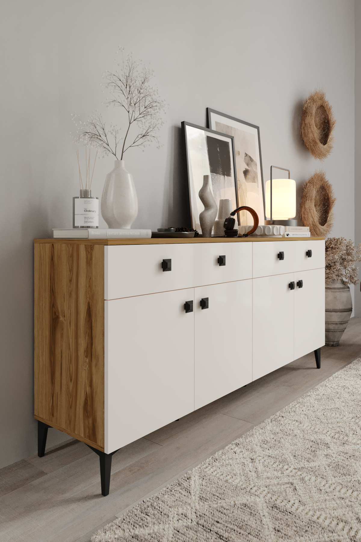 Livia Console – 180 cm Moonstone Walnut Modern Console with 4 Lids and 2 Drawers