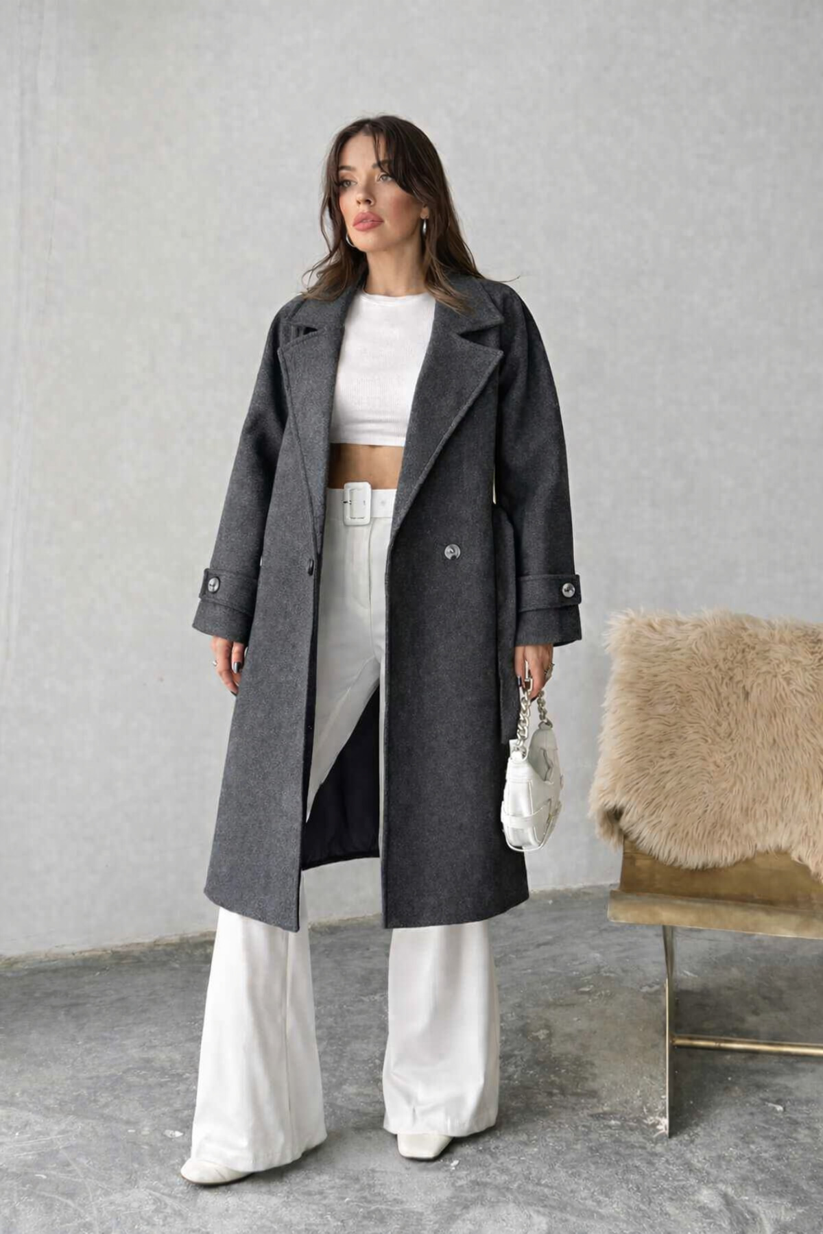 Neşeli Butik  kadın antrasit kuşak bağlamalı cepli astarlı kaşe kaban NBG120 - Görsel 3