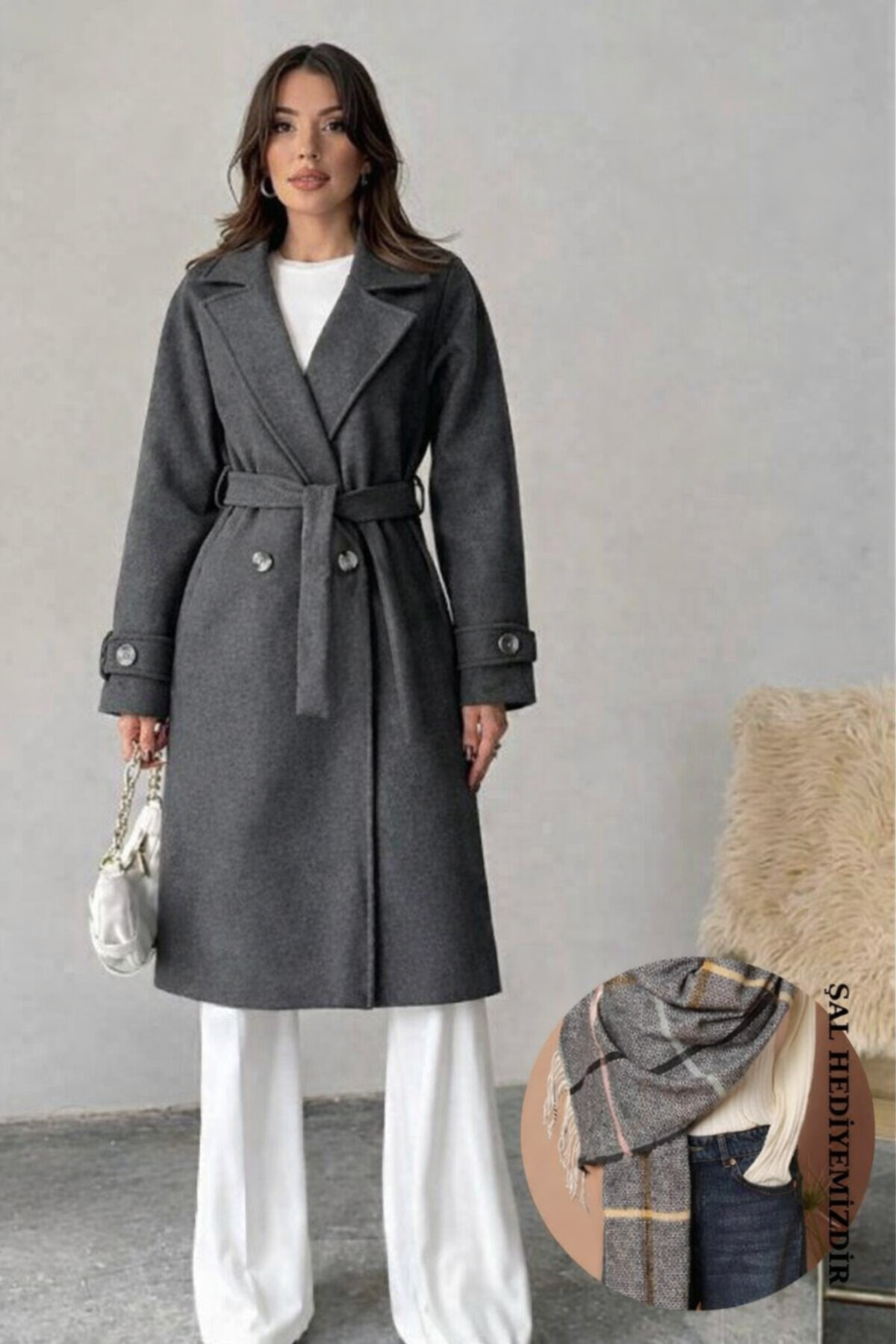 Neşeli Butik  kadın antrasit kuşak bağlamalı cepli astarlı kaşe kaban NBG120