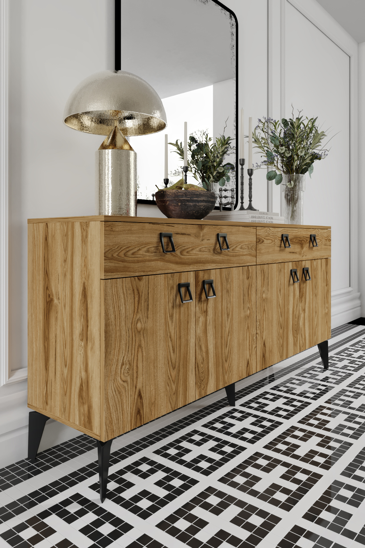Elara Console – 180 cm Walnut Modern Console with 4 Lids and 2 Drawers with Metal Legs
