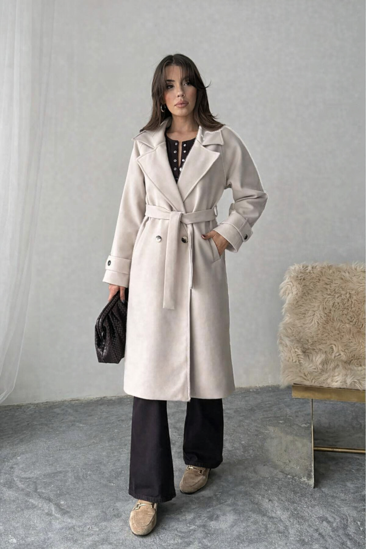 Neşeli Butik  kadın bej kuşaklı cepli astarlı reglan kol uzun kaşe kaban NBG120 - Görsel 3