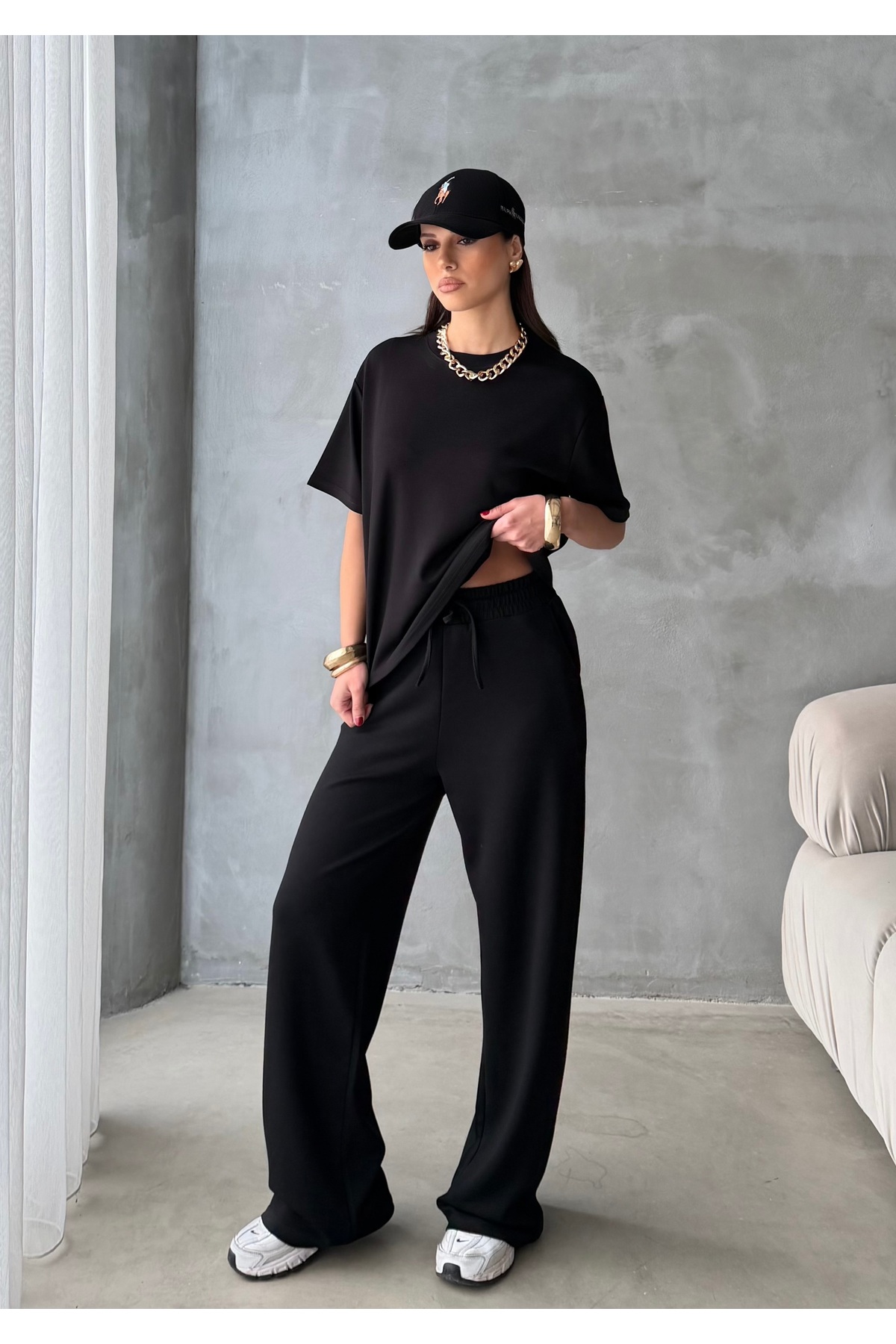 BEJNA Kobieta Czarny Modal Krótki Rękaw Soft Touch Zestaw Sportowy