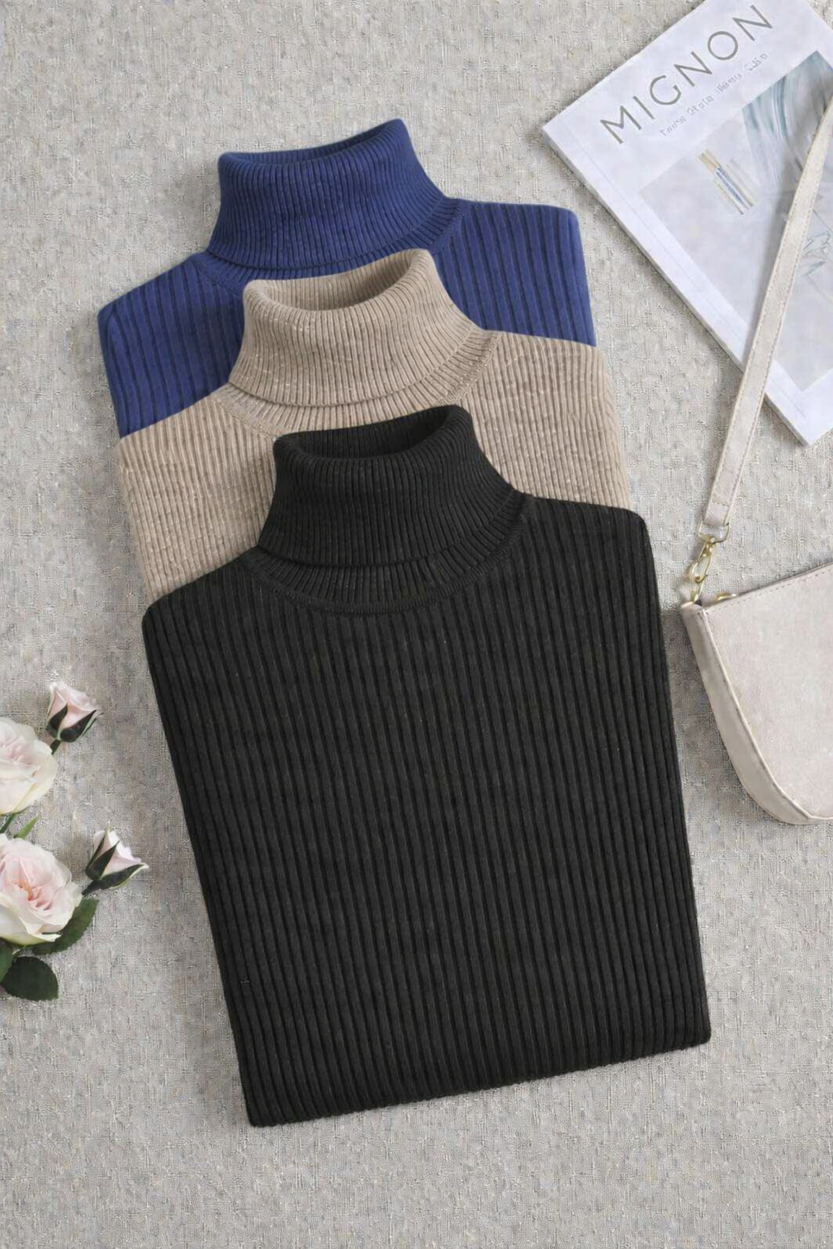 Trendy Mall  3lü Boğazlı Kazak Mevsimlik Kurtarıcı Parça Pamuklu Balıkçı Yaka Şardonlu Slimfit