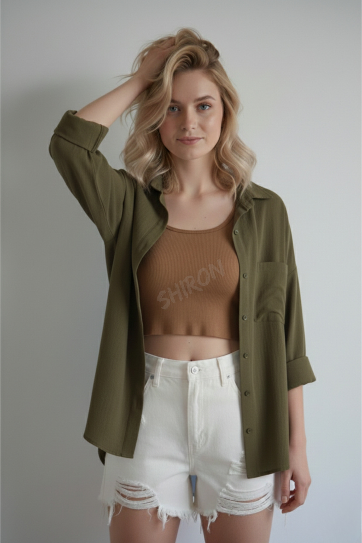Shiron Sportswear&Company  Lüx Kalite Haki Kadın Düşük Omuz Oversize Keten Cep Detaylı Gömlek - Görsel 4