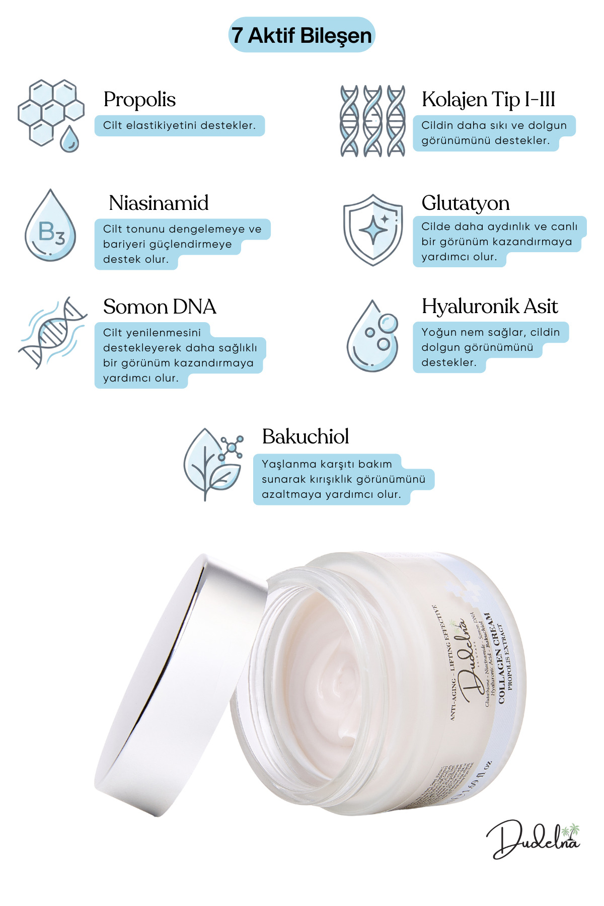Yaşlanma ve Kırışıklık Karşıtı Yüz Kremi | Kolajen-Niacinamide-Propolis-Bakuchiol-Somon DNA — dudelna002 — تصویر 3 از 9