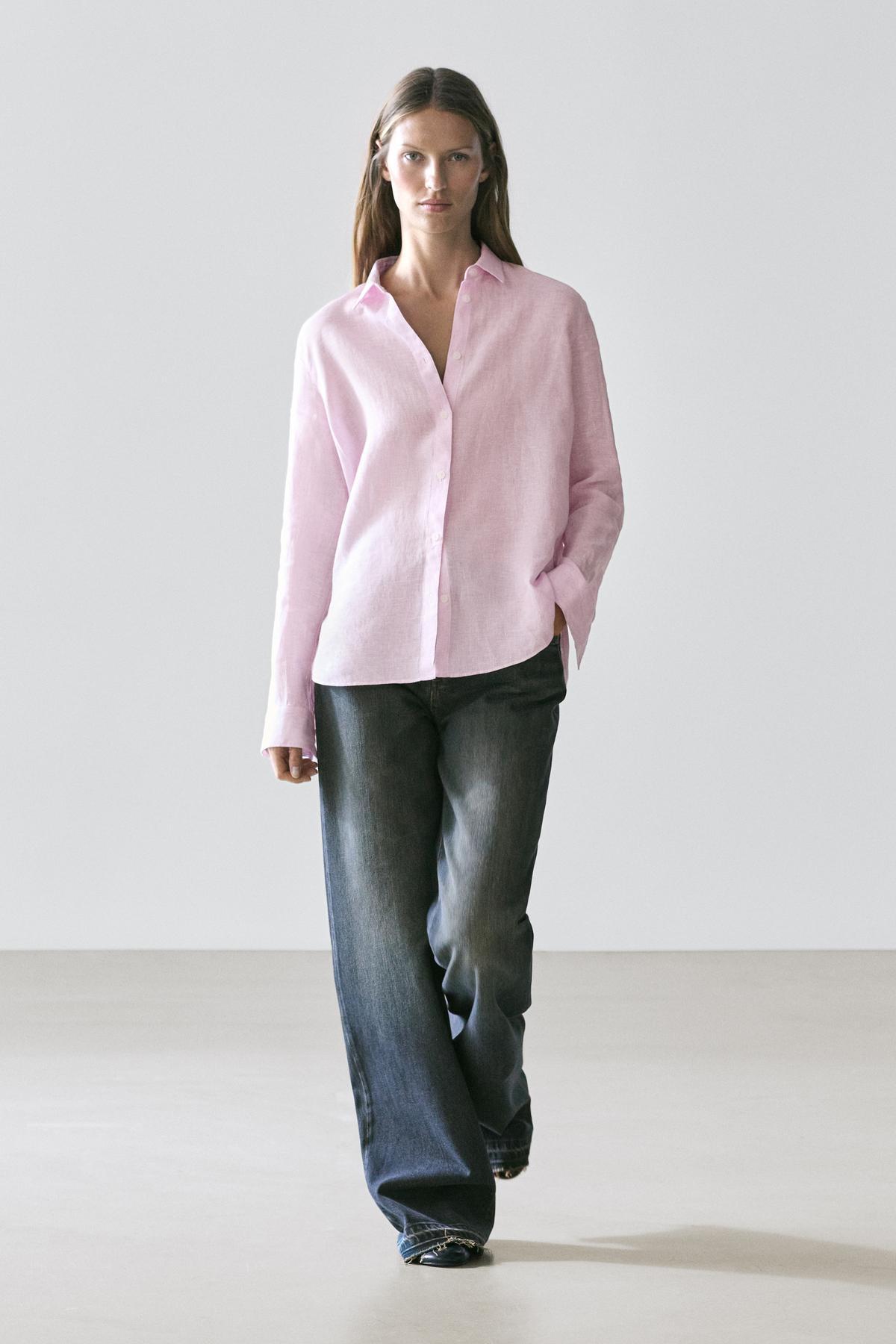 Massimo Dutti  Dökümlü %100 keten çizgi desenli gömlek