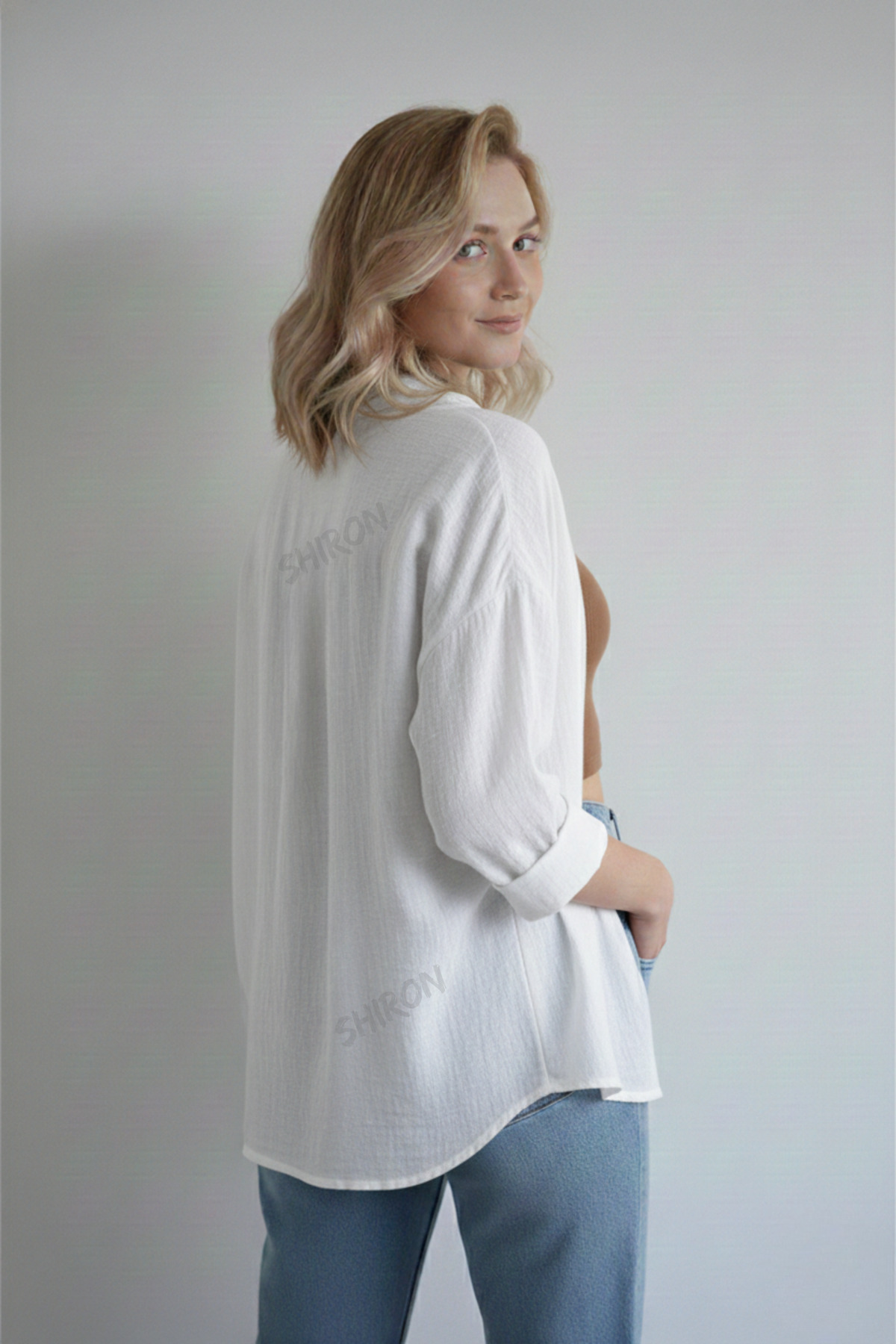 Shiron Sportswear&Company  Kadın Beyaz Oversize Keten Gömlek %100 Pamuk - Görsel 4