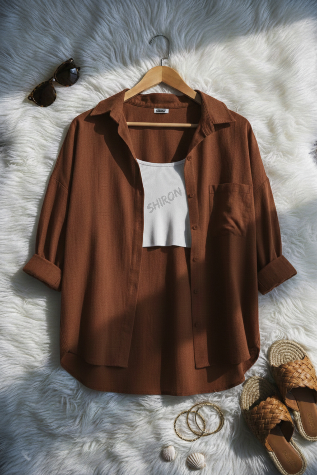 Shiron Sportswear&Company  Kadın Kahve Oversize Keten Gömlek %100 Pamuk