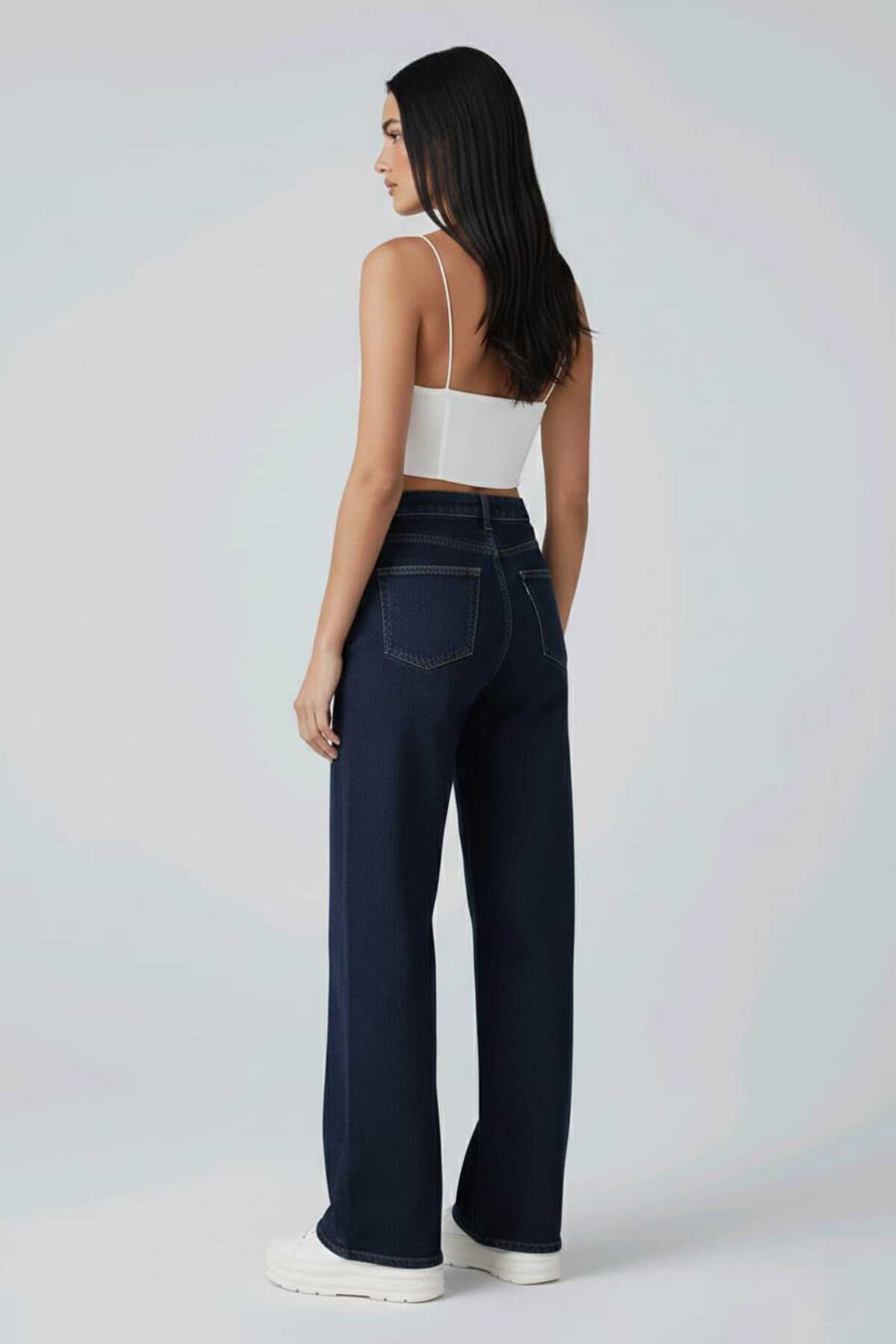 TRENDNATUREL Camelia Gold Ikon 90's Lacivert Siyah Likralı Süper Extra Yüksek Bel Palazzo Salaş Jean Pantolon görsel 7