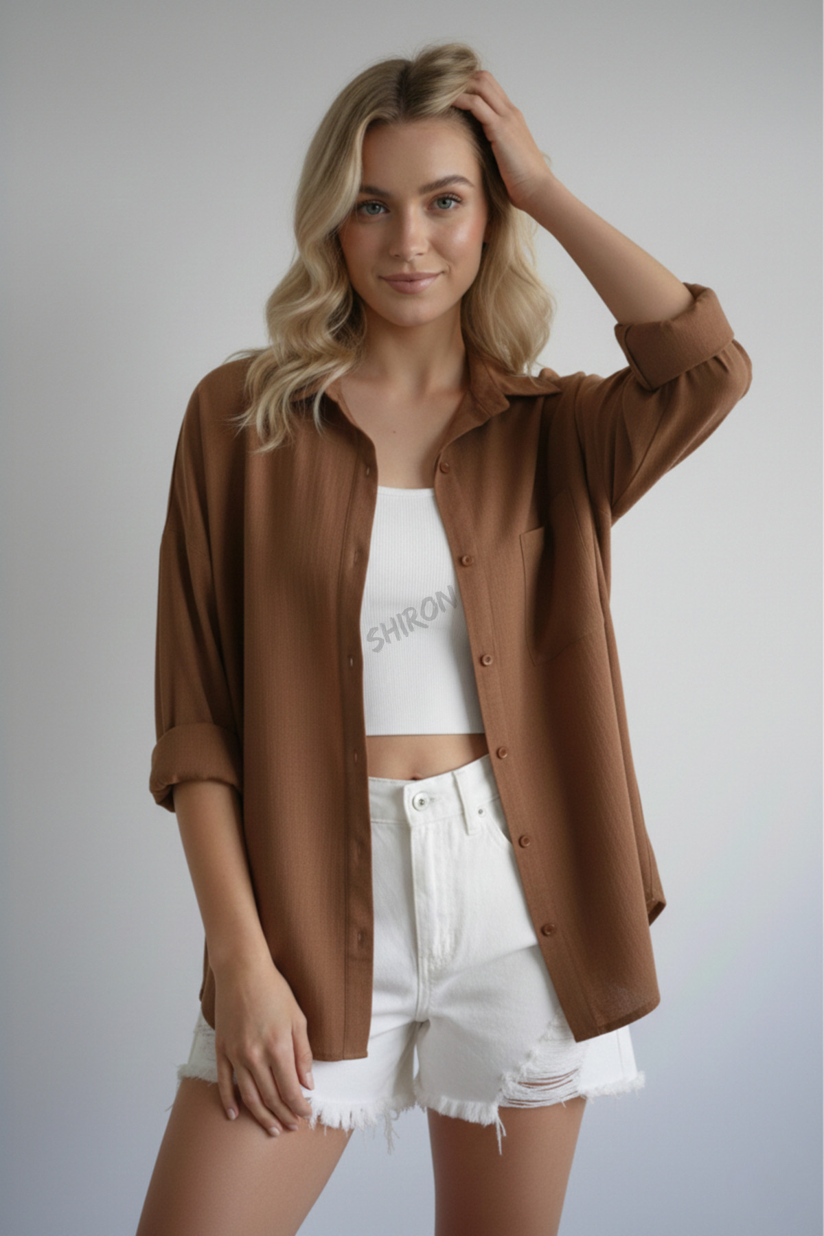 Shiron Sportswear&Company  Kadın Kahve Oversize Keten Gömlek %100 Pamuk - Görsel 5