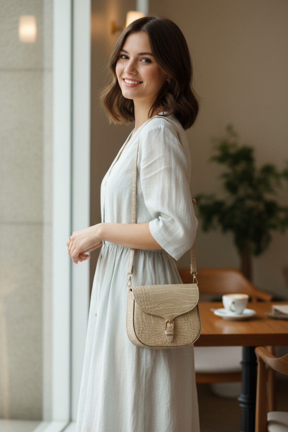 Women's Mink Crocodile Pattern Mango Model Crossbody Bag with Cover, Buckle and Belt