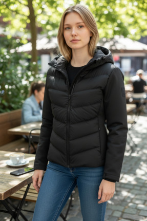 Hilfer moda kontrast şişme mont ceket