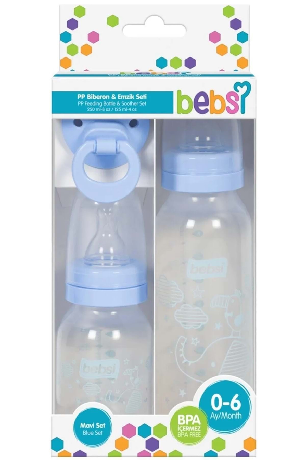 Bebsi Biberon ve Emzik Seti PP Mavi (250ML+ 125ML+ Emzik) fotoğrafı 2 (önizleme)