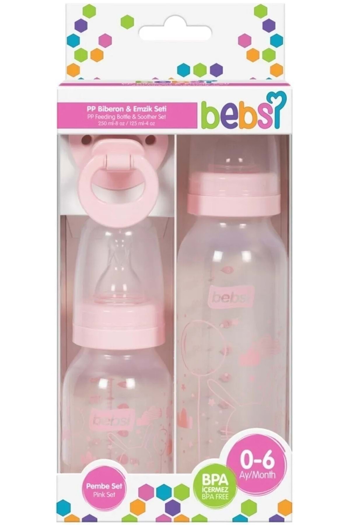 Bebsi Biberon ve Emzik Seti PP Pembe (250ML+ 125ML+ Emzik) fotoğrafı 2 (önizleme)