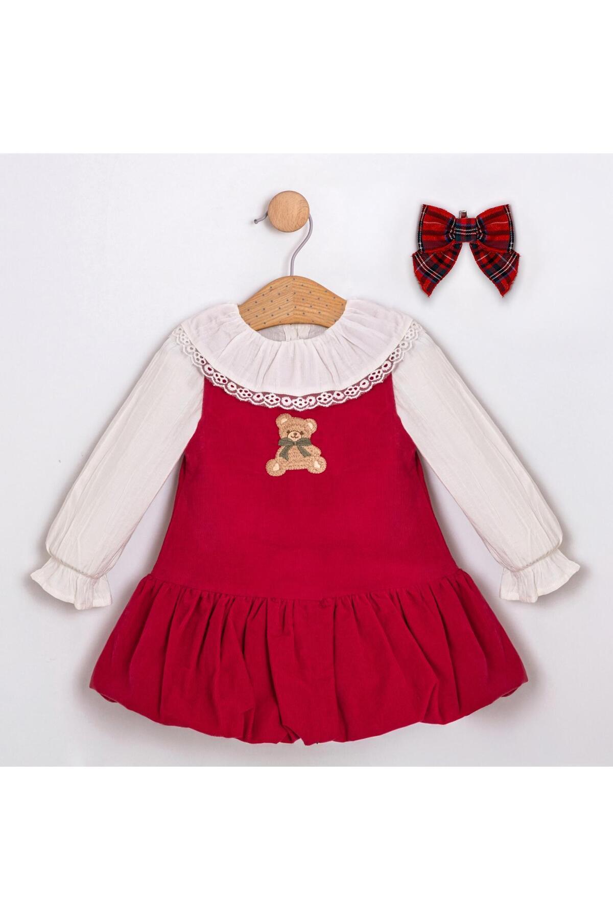 ministok Sweet Bear Balon Etekli Toka Aksesuarlı Kırmızı Soft Fitilli Kadife İkili Kız Bebek Elbise fotoğrafı 3 (önizleme)