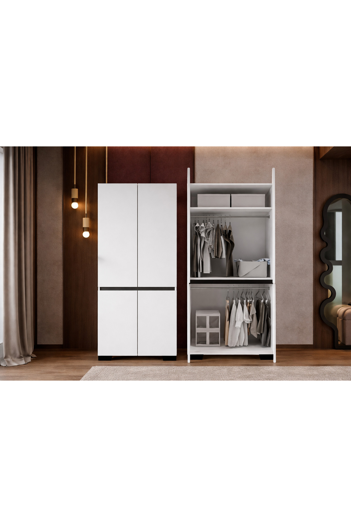 Florence 4-Door Flr-ıa2 White- Anthracite Wardrobe-Multipurpose Wardrobe- Freight