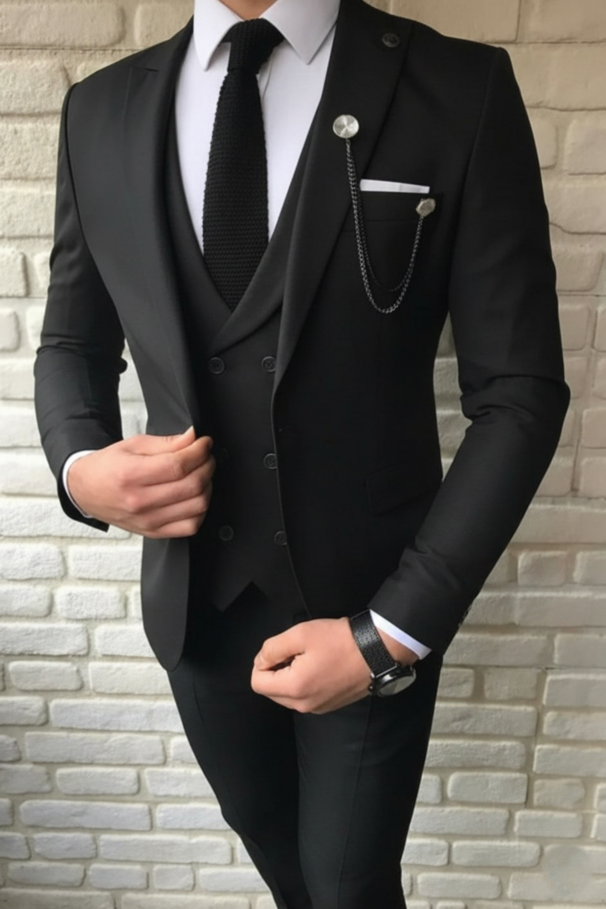 MY VİNTAGE  Siyah Dar Kesim Slim Fit Takım Elbise ( Kravat Mendil Ve Yaka Süsü Hediye ).