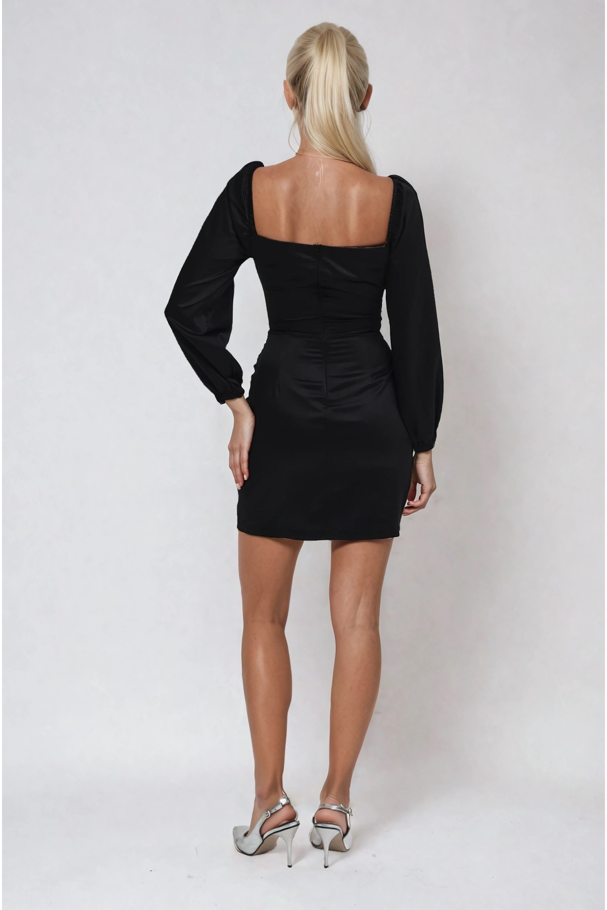 Lijuri  Büzgü ve Bağlama Detaylı Kare Yaka Şık Elbise 2924 R3-B-K2 - Görsel 7