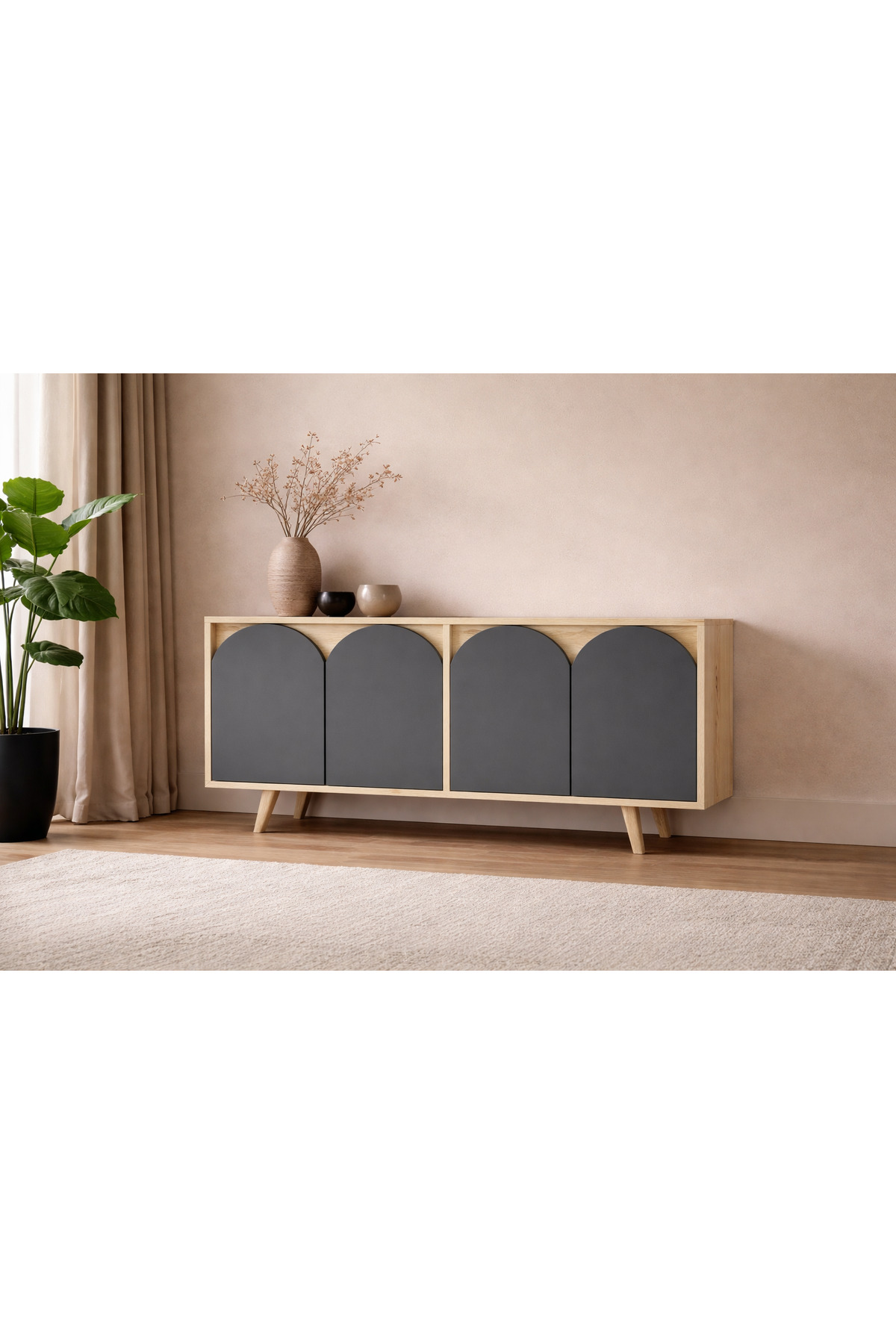 Venezia Bohemian Console with Wooden Legs Sapphire Oak - Anthracite 150 Cm