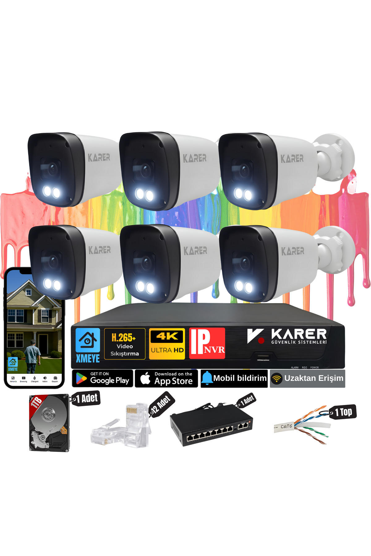 6 KAMERALI PRO 5MP IP POELİ-SESLİ-RENKLİ GECE GÖRÜŞ- İNSAN ve PLAKA ALGILAMALI GÜVENLİK SETİ