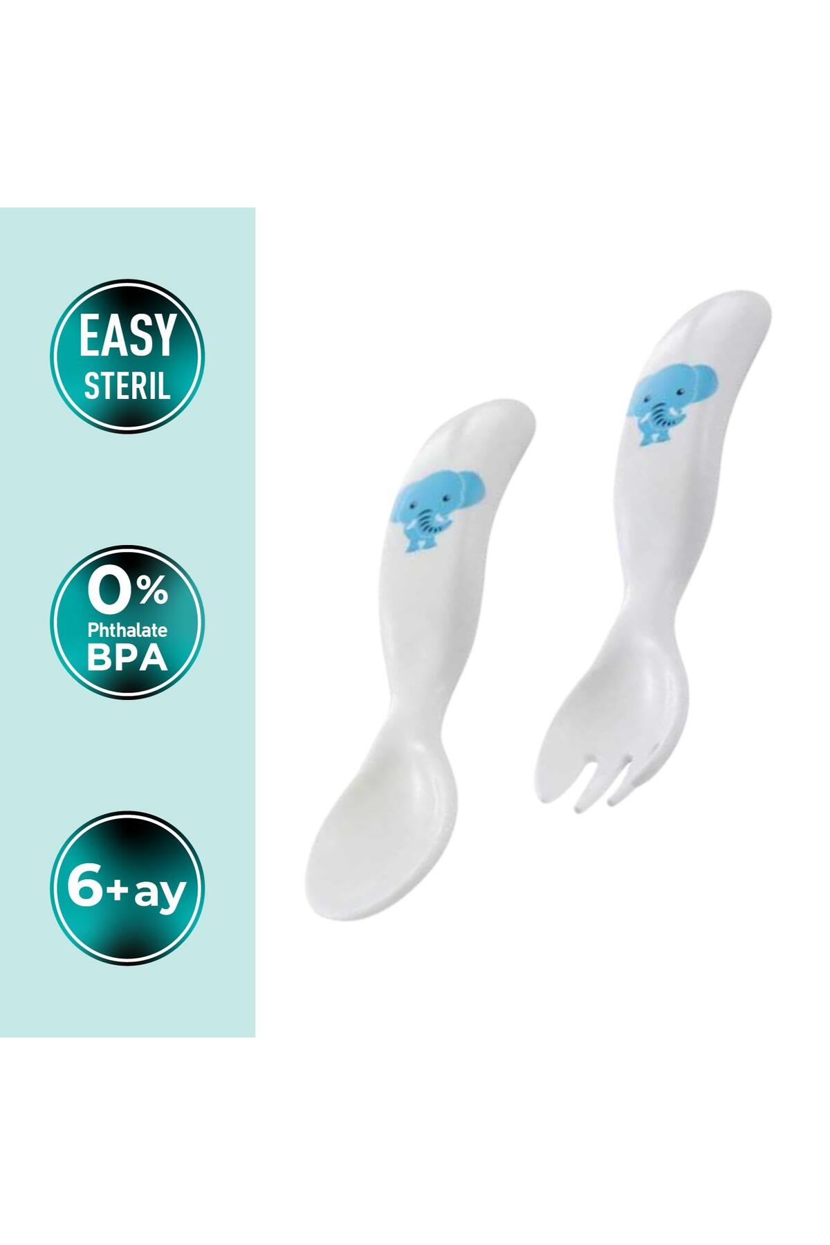 Mamajoo Ergonomik Beslenme Kaşık Çatal Seti Mavi & Fil, 6 Ay+ İkili fotoğrafı 2 (önizleme)