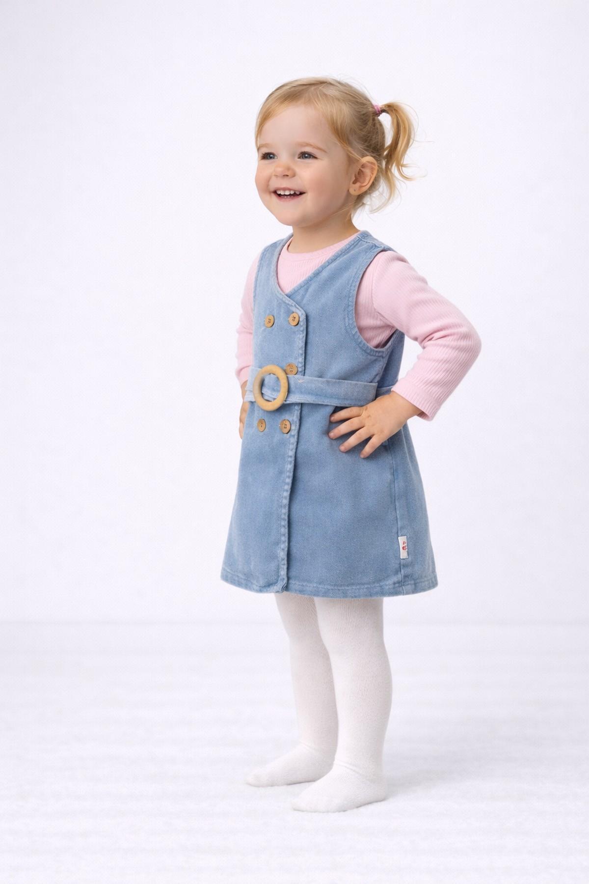 dinamik çocuk Kız Bebek/Çocuk Kruvaze Ahşap Düğme Detaylı Kemerli Kot Jile Elbise+Uzun Kollu Badili 2li Takım Mevs fotoğrafı 2 (önizleme)