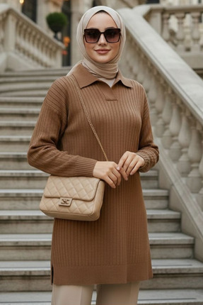 N.S NEVA STYLE Fitilli Bisküvi Tesettür Triko Tunik 65903BS