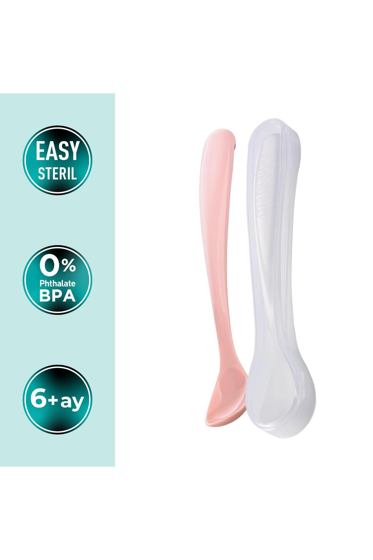 Mamajoo Ergonomik Beslenme Kaşık Seti Powder Pink & Beyaz, 6 Ay+ İkili - Saklama Kabı Hediyeli fotoğrafı 2 (önizleme)