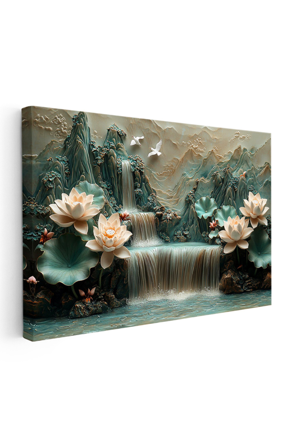 Mountain View Water Lilies - Embossed Nature Composition Canvas Painting