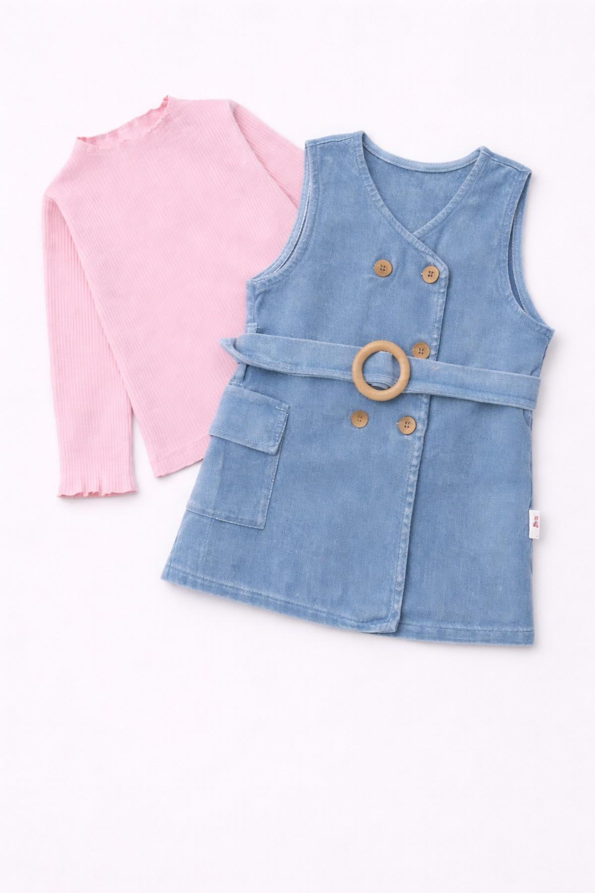 dinamik çocuk Kız Bebek/Çocuk Kruvaze Ahşap Düğme Detaylı Kemerli Kot Jile Elbise+Uzun Kollu Badili 2li Takım Mevs fotoğrafı 5 (önizleme)