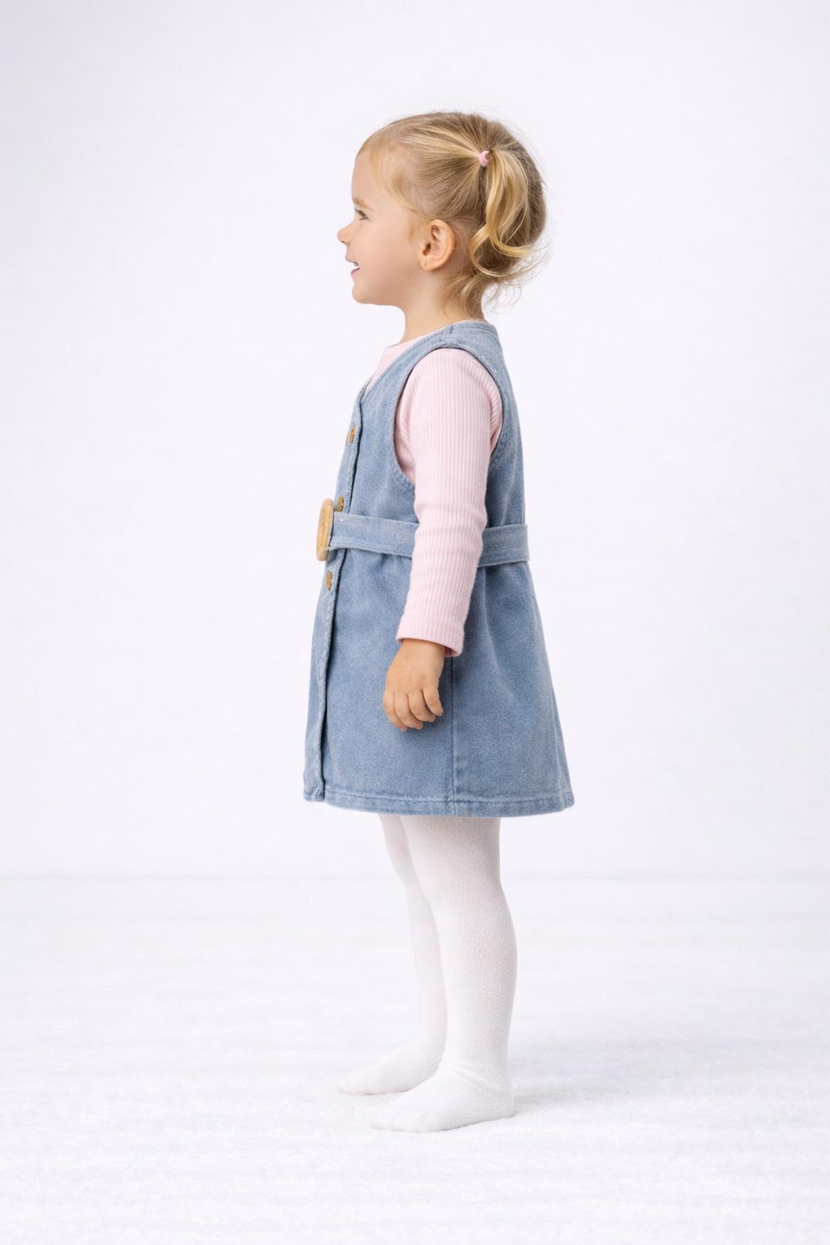 dinamik çocuk Kız Bebek/Çocuk Kruvaze Ahşap Düğme Detaylı Kemerli Kot Jile Elbise+Uzun Kollu Badili 2li Takım Mevs fotoğrafı 3 (önizleme)