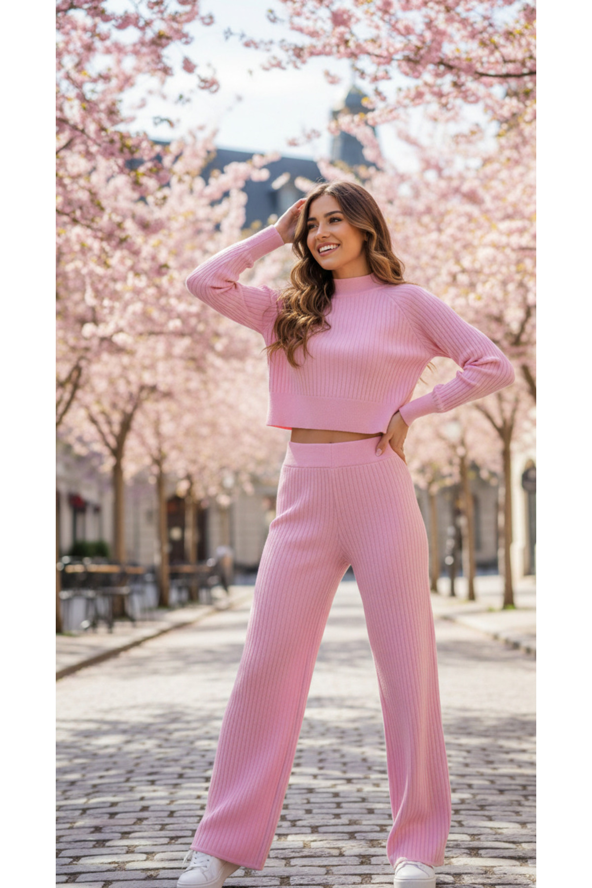 YusGos Дамски комплект от къс пуловер и панталони от рибарски тип