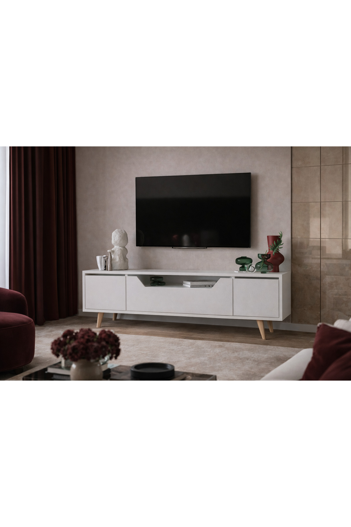 Roman Wooden Leg TV Unit TV Stand White 150 Cm