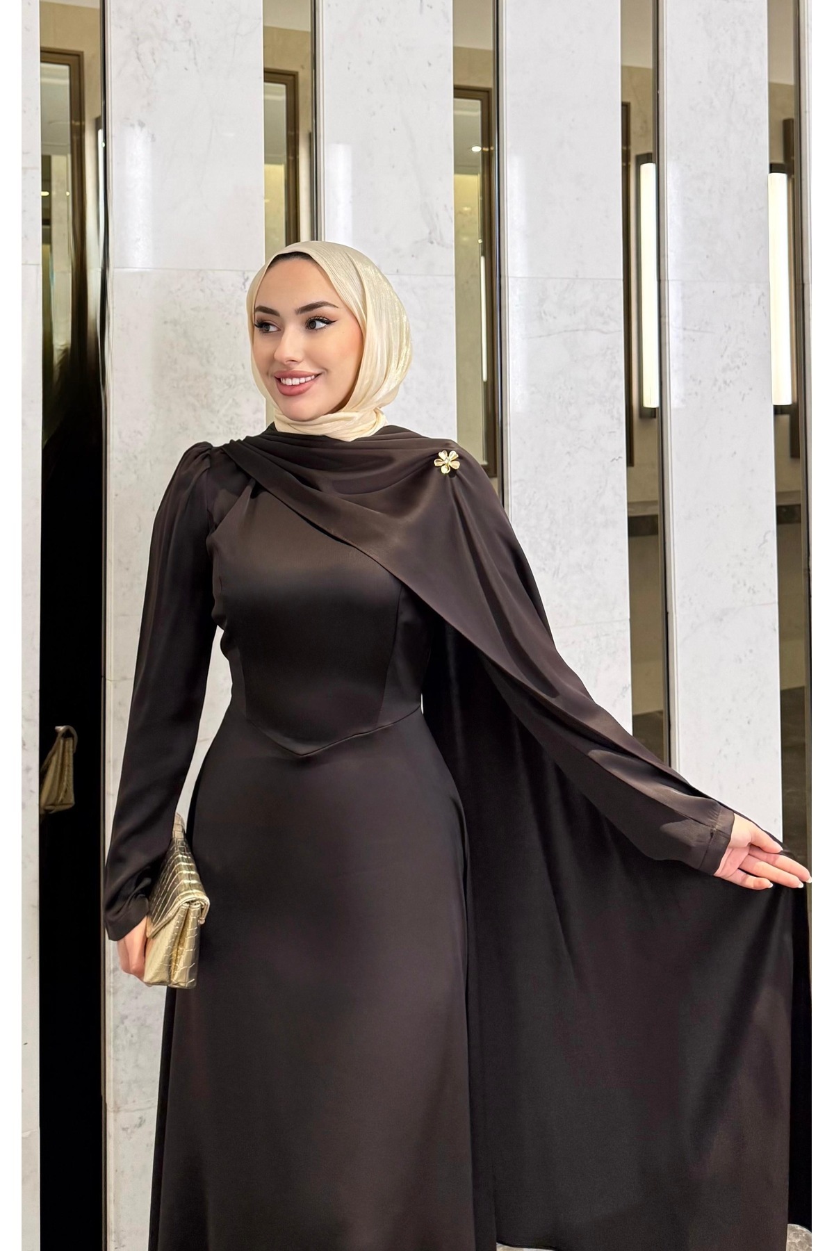 Cloaked Satin Modest Evening Dress