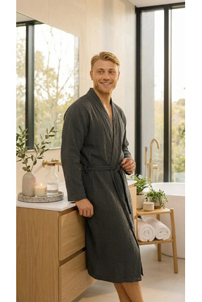Lucy and Home Unisex Antrasit 4 Kat Müslin Sabahlık / Bornoz /kimono